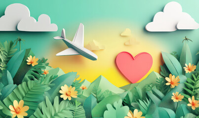 Crédence de cuisine Corail vert white paper airplane flies above green landscape with flowers and large red heart, representing love and travel  © Kim
