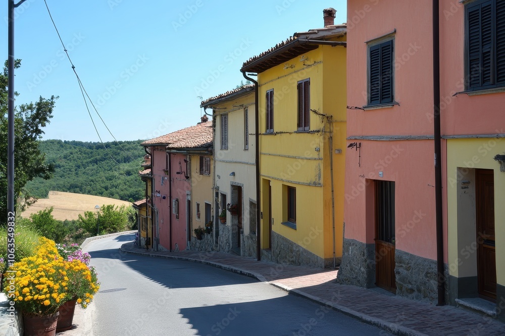 Obraz premium A street in a small Italian village lined with brightly painted houses in various shades of yellow, pink, and orange.