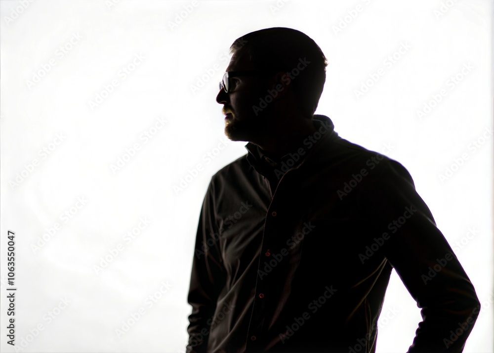 Silhouette of a man, front view, against a white background, with no face visible Silhouette of a man, front view, against a white background, with no face visible