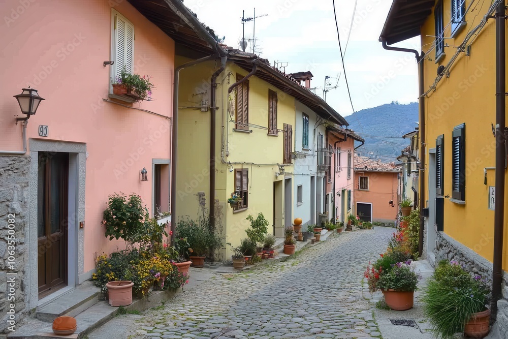 Obraz premium A street in a small Italian village lined with brightly painted houses in various shades of yellow, pink, and orange.