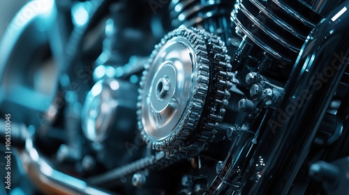 Close-Up of a Motorcycle Engine: Chrome Gear and Chain Drive photo