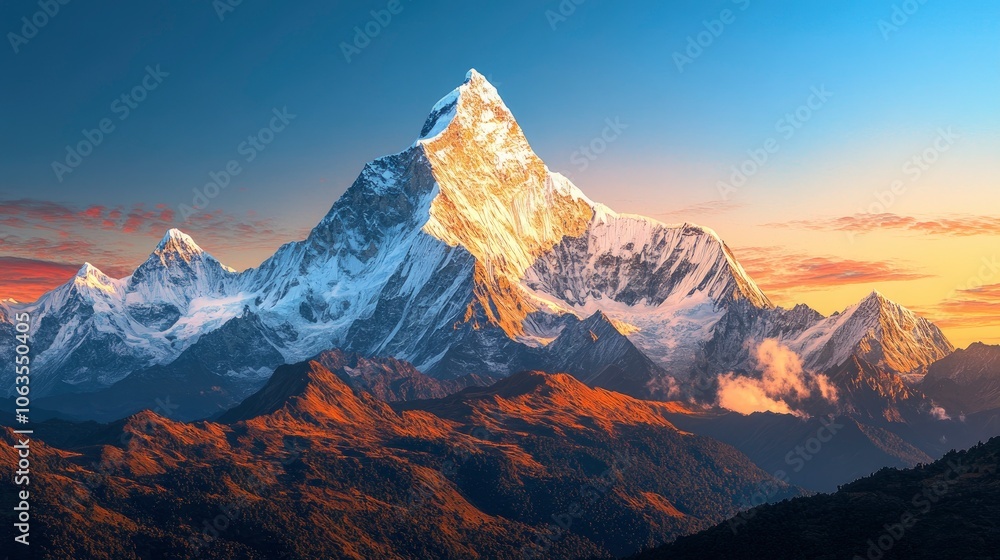 Snow-capped mountain peaks under a clear sky at dawn, soft light creating gentle shadows Snow-capped mountain peaks under a clear sky at dawn, soft light creating gentle shadows