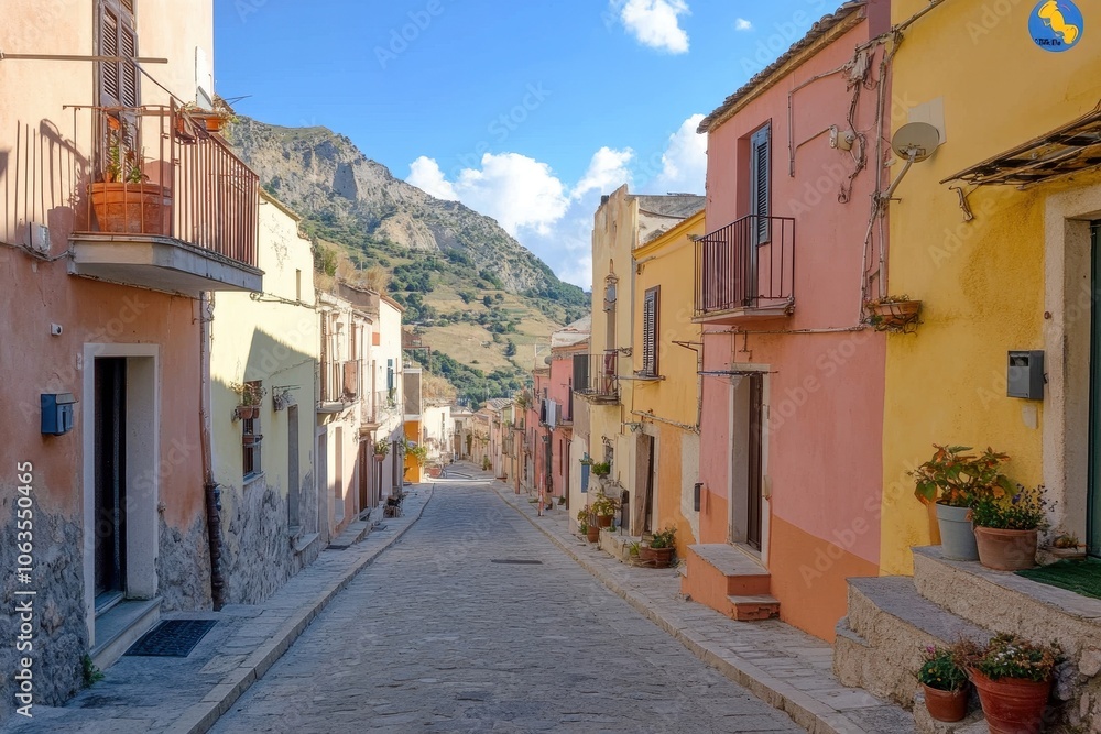 A street in a small Italian village lined with brightly painted houses in various shades of yellow, pink, and orange. A street in a small Italian village lined with brightly painted houses in various shades of yellow, pink, and orange.