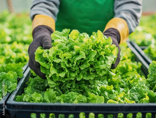 Farmer packing freshly harvested lettuce into boxes in a greenhouse, [harvest], [sustainable farming and seasonal produce]. photo