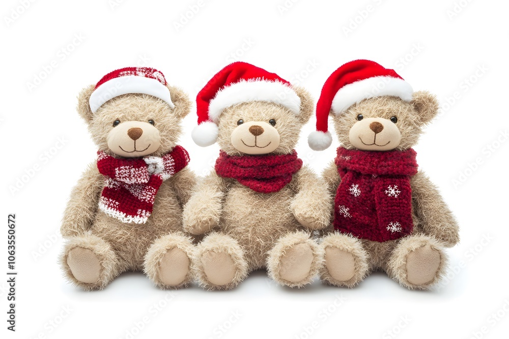 Three Plush Teddy Bears in Santa Hats and Scarves for Christmas Three Plush Teddy Bears in Santa Hats and Scarves for Christmas