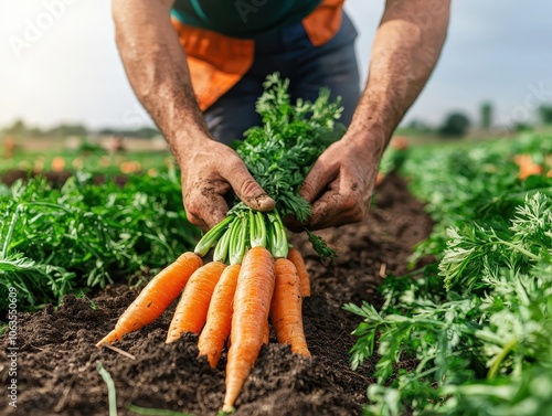 Farmer pulling carrots from the earth in a lush green field, [harvest], [manual labor and organic farming].