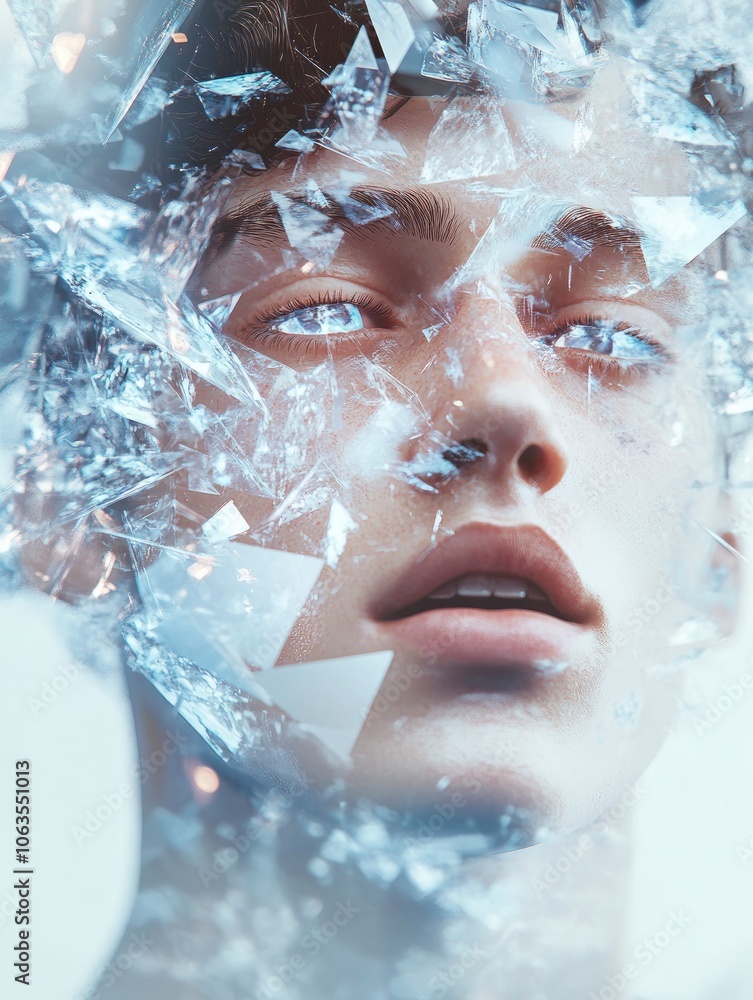 Portrait with floating geometric shapes around the subjects head, soft focus background Portrait with floating geometric shapes around the subjects head, soft focus background