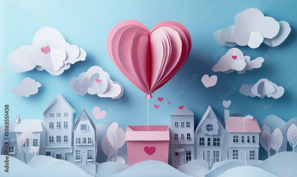 pink heart shaped balloon floats over small town, symbolizing love and joy pink heart shaped balloon floats over small town, symbolizing love and joy