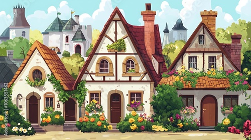 A charming row of colorful houses adorned with flowers and greenery, set against a bright, sunny backdrop.