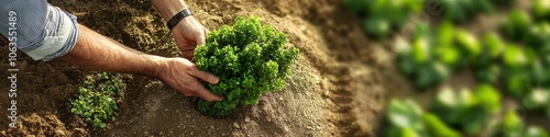 Farmer planting trees in a rural agroforestry system, integrating crops and nature, [eco-friendly], [sustainable land use]. photo