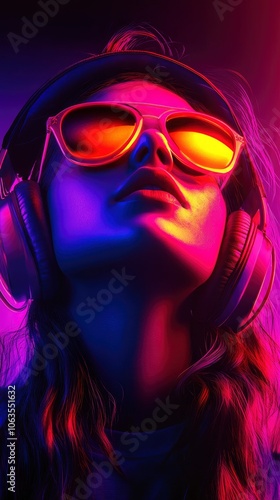 Portrait of a young person wearing retro-style headphones, vibrant colors with a slight grain effect