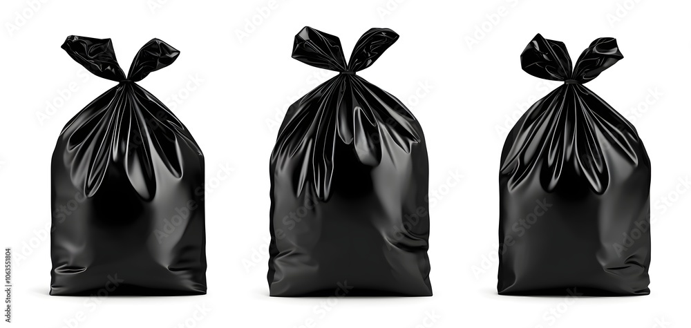 a black garbage bag, tied at the top, realistic texture and slight shine, isolated on white background a black garbage bag, tied at the top, realistic texture and slight shine, isolated on white background