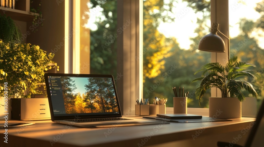 Open laptop and tablet in a minimalist workspace with a view of nature outside