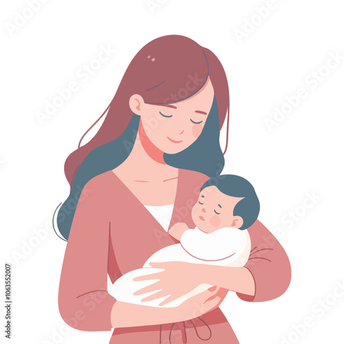 woman holding his newborn baby in flat vector illustration