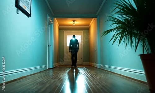 Silhouette of a person walking down a hallway towards a light.