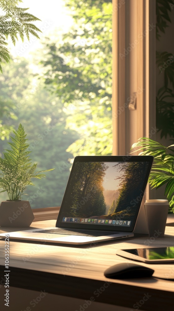Fototapeta premium Open laptop and tablet in a minimalist workspace with a view of nature outside
