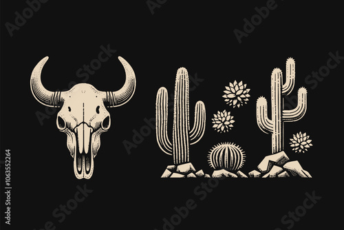 Cacti and succulents. Cow skull. Desert, wild west set. Vintage black vector engraving illustration. Emblem, logo, print, tattoo, icon. Black background