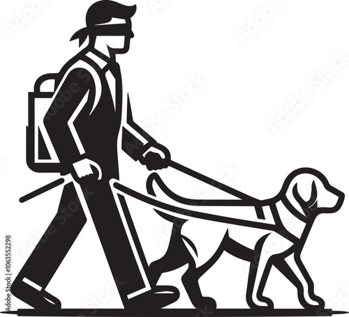 Confident Blind Person navigates day with the assistance of her guide dog. A stylishly dressed person, wearing sunglasses and carrying a briefcase, walks with guide dog.