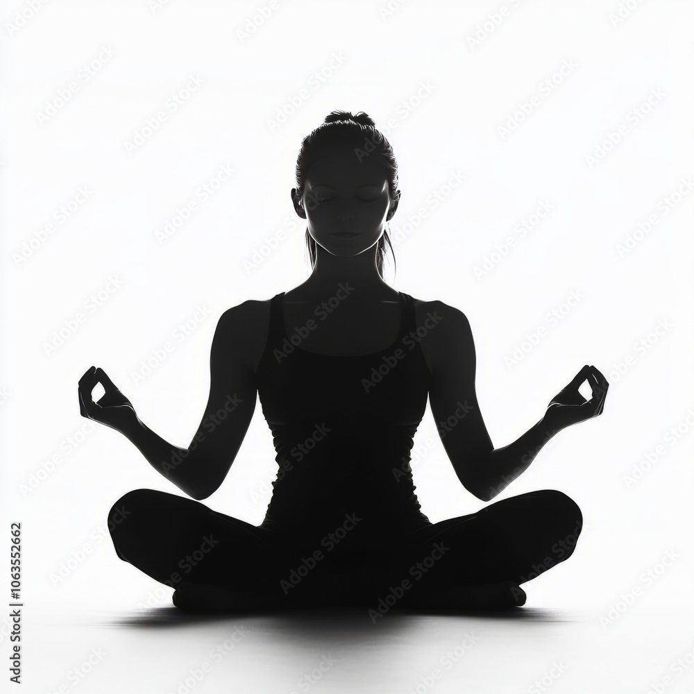 Silhouette of a woman meditating in a serene pose.