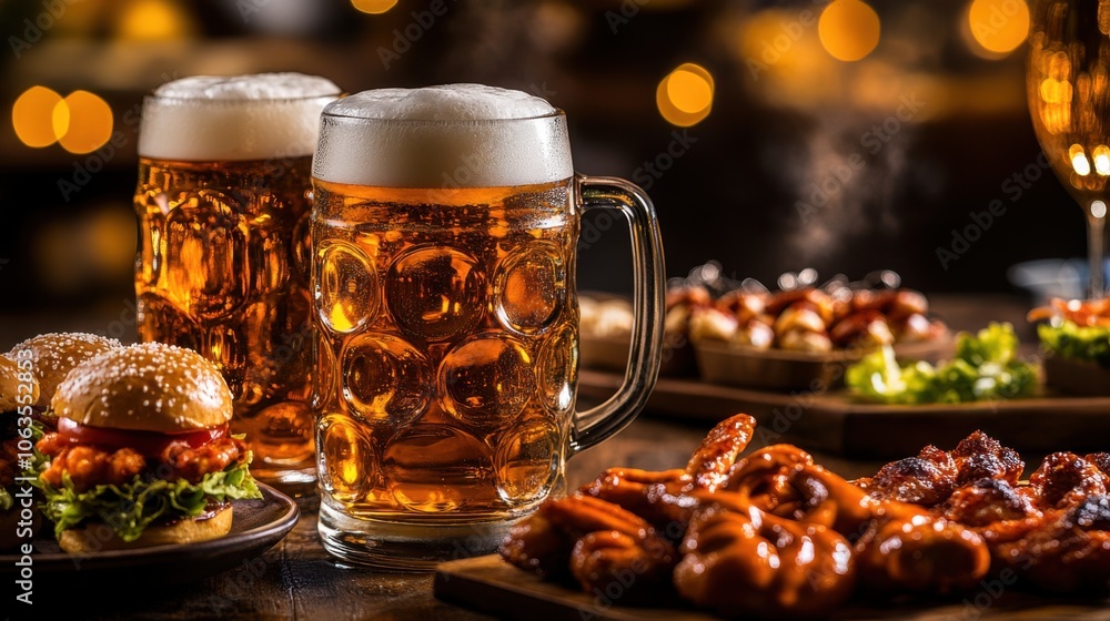 Two large beer mugs with frothy tops sitting on a weathered table, Two large beer mugs with frothy tops sitting on a weathered table,