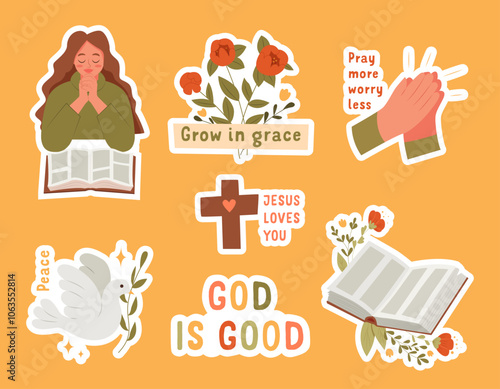 Christian Stickers Set. Bible, Hands Folded in Prayer, Peace Dove, Cross. Religious Signs and Symbols. Vector Illustration.