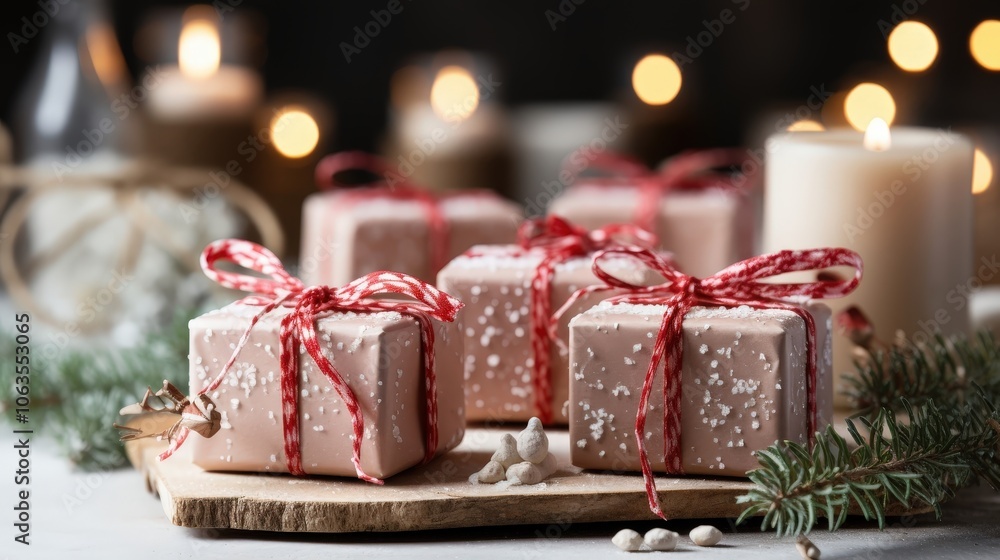 Festive Holiday Gifts Wrapped in Brown Paper with Red Ribbon and a Sprinkle of Snow