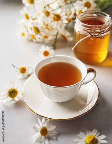 porcelain cup on saucer with tea on kitchen table and bouquet of wild daisies nearby lies on table. chamomile in tea. a small jar of honey nearby. bright space