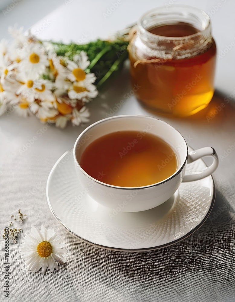 porcelain cup on saucer with tea on kitchen table and bouquet of wild daisies nearby lies on table. chamomile in tea. a small jar of honey nearby. bright space porcelain cup on saucer with tea on kitchen table and bouquet of wild daisies nearby lies on table. chamomile in tea. a small jar of honey nearby. bright space
