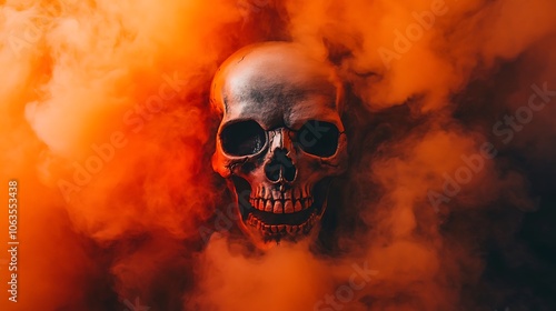 Human Skull in Smoke, Haunting Orange Glow