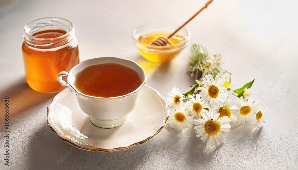 porcelain cup on saucer with tea on kitchen table and bouquet of wild daisies nearby lies on table. chamomile in tea. a small jar of honey nearby. bright space porcelain cup on saucer with tea on kitchen table and bouquet of wild daisies nearby lies on table. chamomile in tea. a small jar of honey nearby. bright space