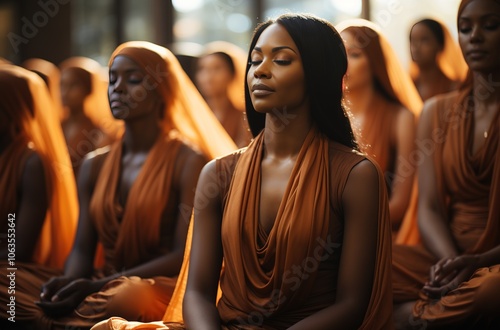 A group of women in orange robes are sitting in a circle and meditating