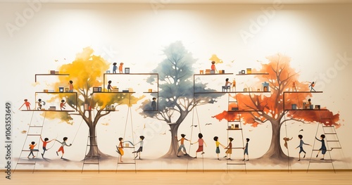 A mural of children playing in trees with a rainbow background