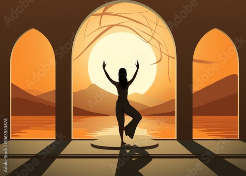 A woman is doing yoga in front of a sunset