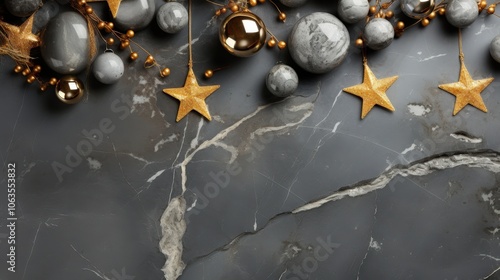 Elegant Christmas Decor with Gold and Silver Ornaments on a Gray Marble Background