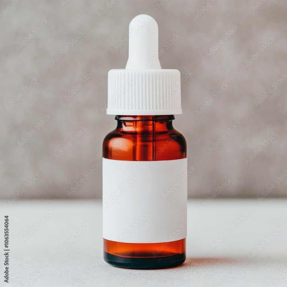 Fototapeta premium A small amber glass dropper bottle with a white label for labeling contents.