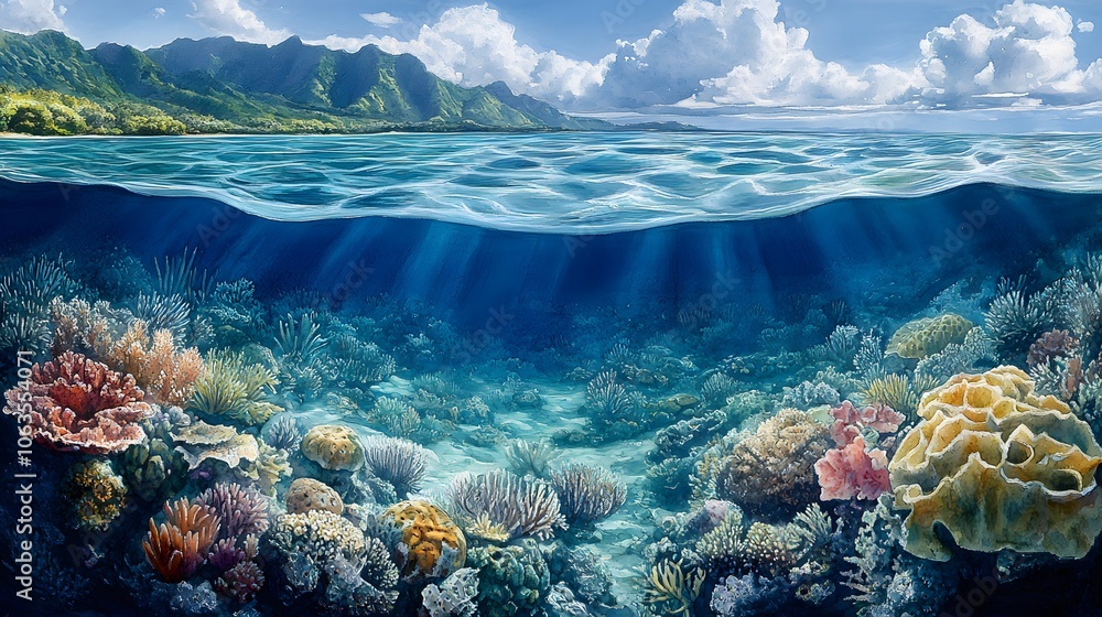 Naklejka premium Watercolor illustration for Niue National Day showcasing vibrant marine life and coral reefs reflecting the island's natural beauty and ecological richness