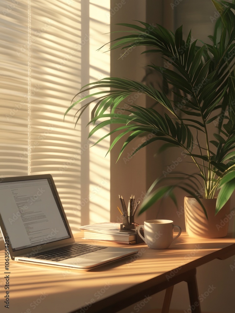 Modern home office setup with a laptop, plant, and coffee cup, soft natural light Modern home office setup with a laptop, plant, and coffee cup, soft natural light