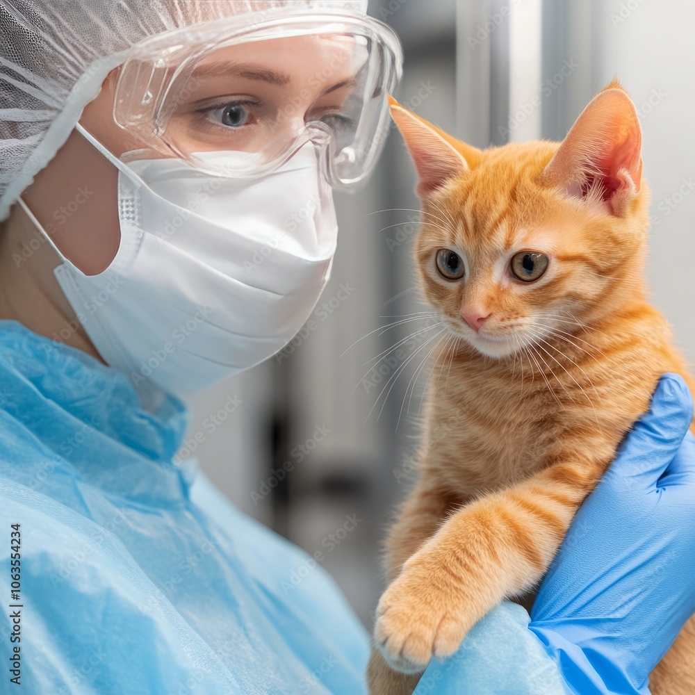 A person in protective gear holds an orange kitten in a clinical setting. A person in protective gear holds an orange kitten in a clinical setting.