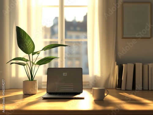 Modern home office setup with a laptop, plant, and coffee cup, soft natural light