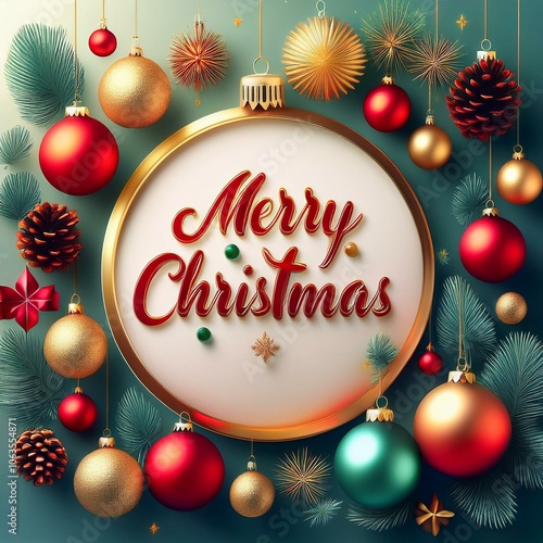 Merry Christmas Poster With Christmas Tree Ornaments