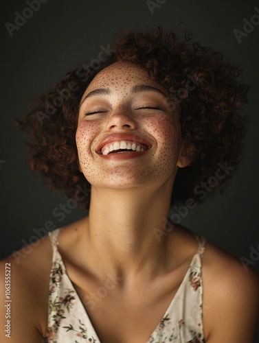 Young woman with vitiligo smiling confidently in a fashion photoshoot