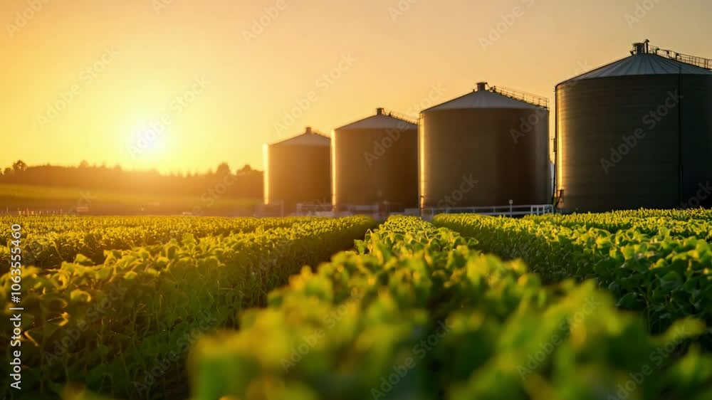 Sunset over green soybean fields with silos in the background, showcasing agricultural growth and rural beauty