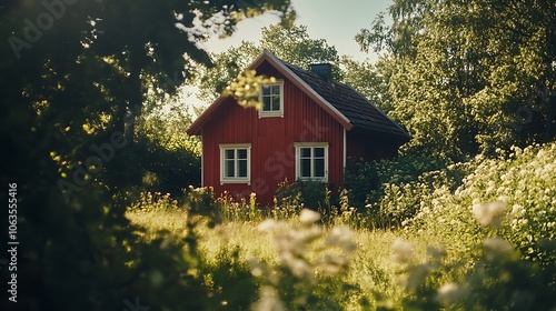 A charming red house nestled in a lush green landscape, surrounded by trees and wildflowers.