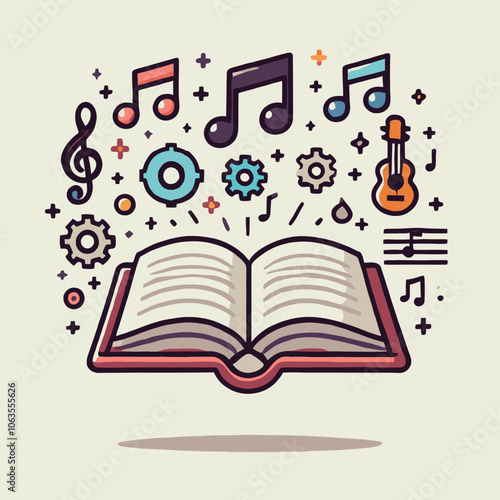 open book illustration with floating musical notes symbolizing the fusion of arts and humanities