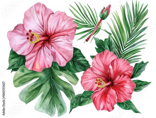 Tropical Flower Illustration. Hibiscus Set in Exotic Tropical Paradise Composition