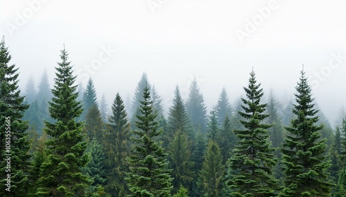 Seamless pattern with foggy spruce forest. Fir trees isolated on white background.