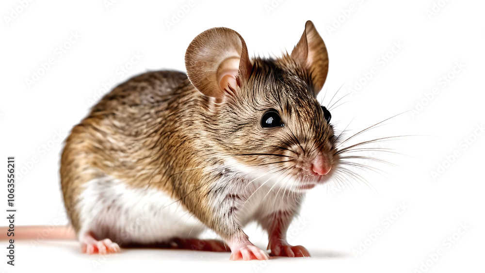 Tiny mouse with whiskers showing isolated on white Tiny mouse with whiskers showing isolated on white
