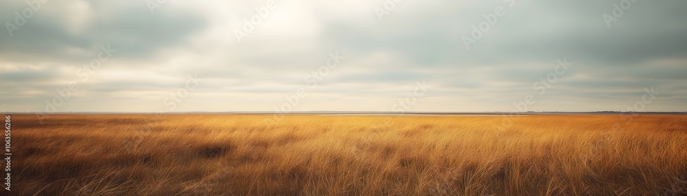 Fototapeta premium Golden Grass Field Under a Cloudy Sky