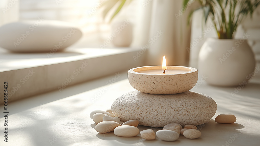 Photo of a candle on top of smooth stones in the foreground, with spa accessories and decor in soft focus behind it. Photo of a candle on top of smooth stones in the foreground, with spa accessories and decor in soft focus behind it.