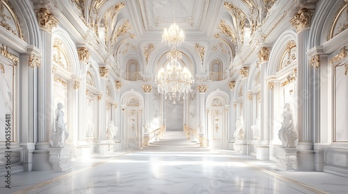 A grand, opulent interior featuring marble floors, ornate decorations, and elegant chandeliers.